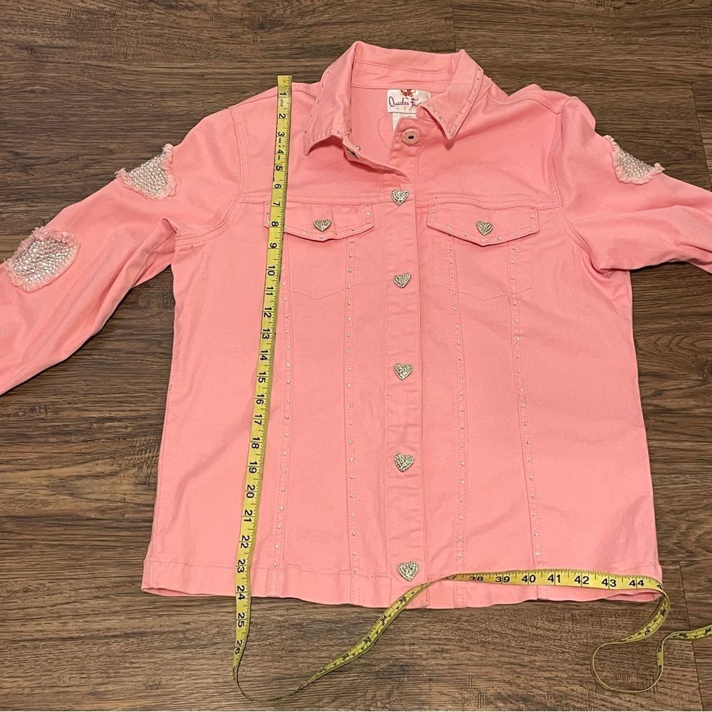 Quacker Factory Denim Button Down Jacket Distressed Rhinestone Hearts Pink S - Picture 13 of 15